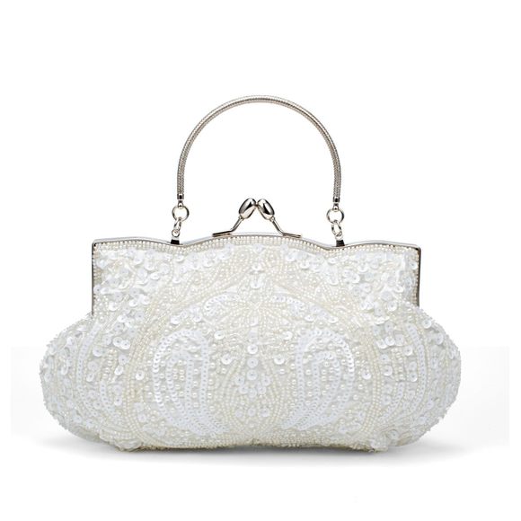 Beaded Sequin Flower Evening Purse Large Clutch Bag White :| - Picture 1 of 9
